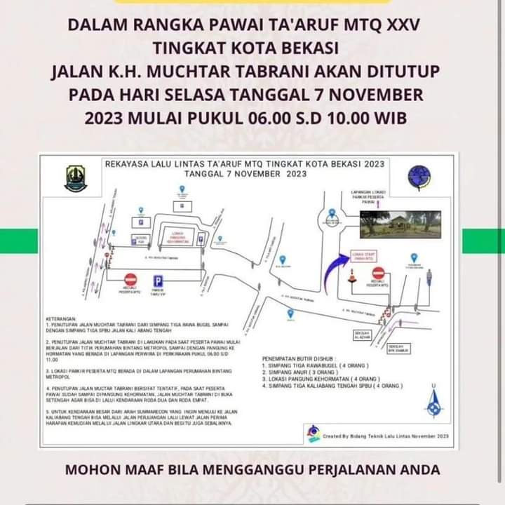 Besok Pagi Jalan K.H. Muchtar Tabrani Bakal Ditutup Sementara, Untuk acara Pawai Ta’aruf MTQ Ke-25 Tingkat Kota Bekasi