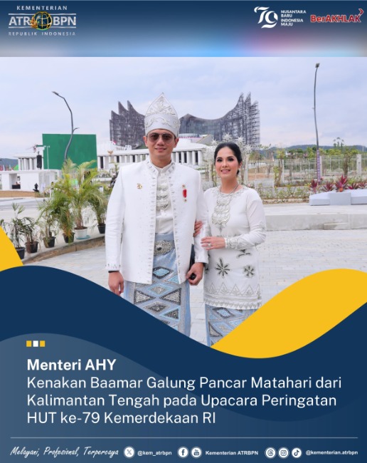 Menteri AHY Kenakan Baamar Galung Pancar Matahari dari Kalimantan Tengah pada Upacara Peringatan HUT ke-79 Kemerdekaan RI