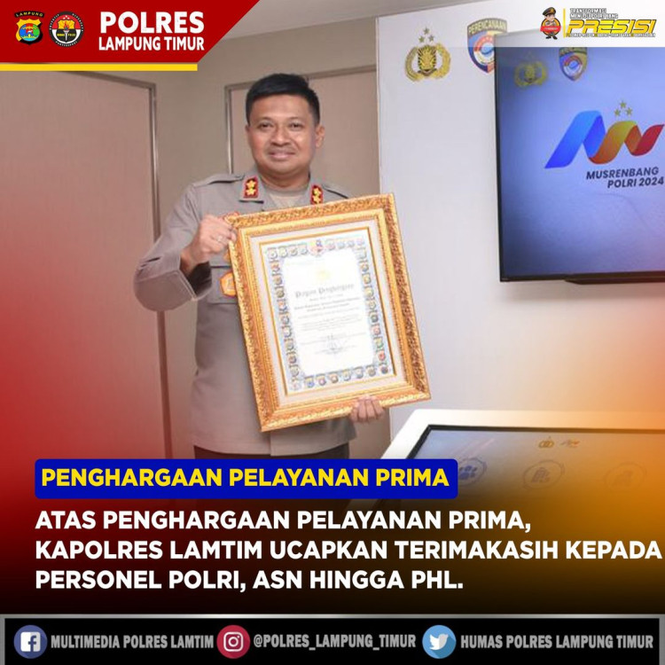 Polres Lamtim Terima Penghargaan Dari Kapolri Kategori Pelayanan Prima (A)