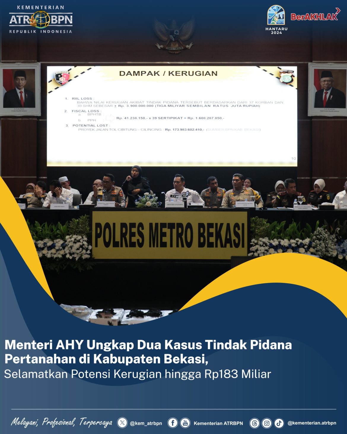 Menteri AHY Ungkap Dua Kasus Tindak Pidana Pertanahan di Kabupaten Bekasi, Selamatkan Potensi Kerugian hingga Rp183 Miliar