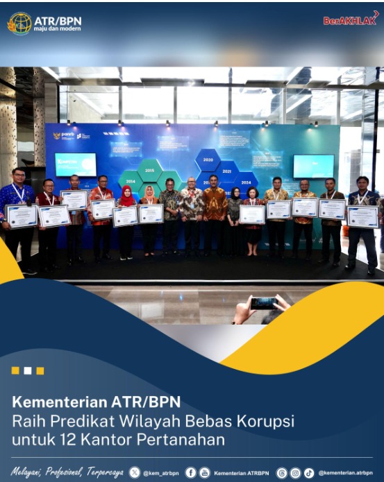 Kementerian ATR/BPN Raih Predikat Wilayah Bebas Korupsi untuk 12 Kantor Pertanahan